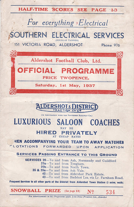 <b>Saturday, May 1, 1937</b><br />vs. Aldershot (Away)